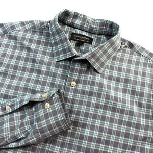 Banana Republic Men's Medium Non Iron Slim Fit Plaid Dress Shirt Blue Green